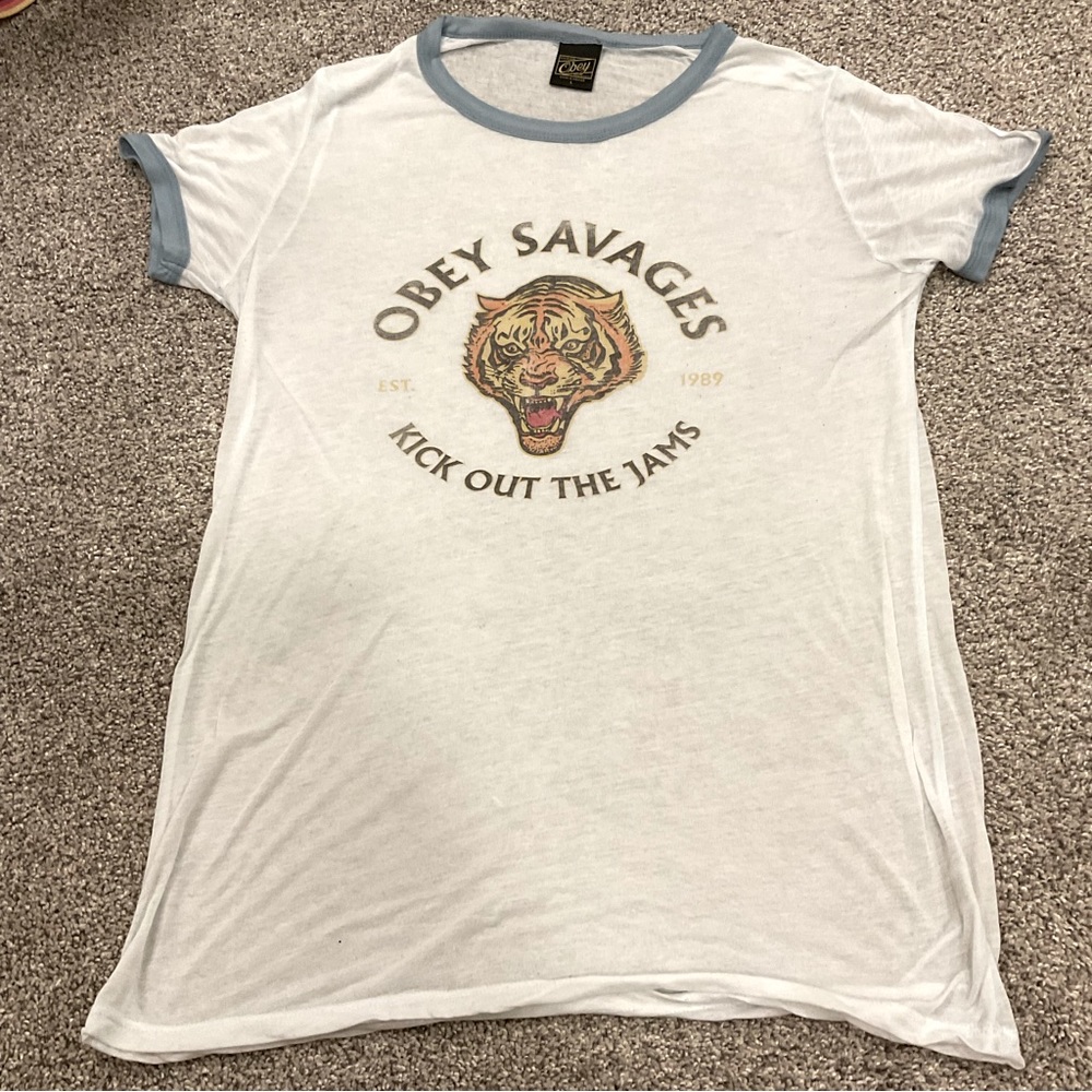 OBEY sheer varsity tee, OBEY SAVAGES, size Large, EUC